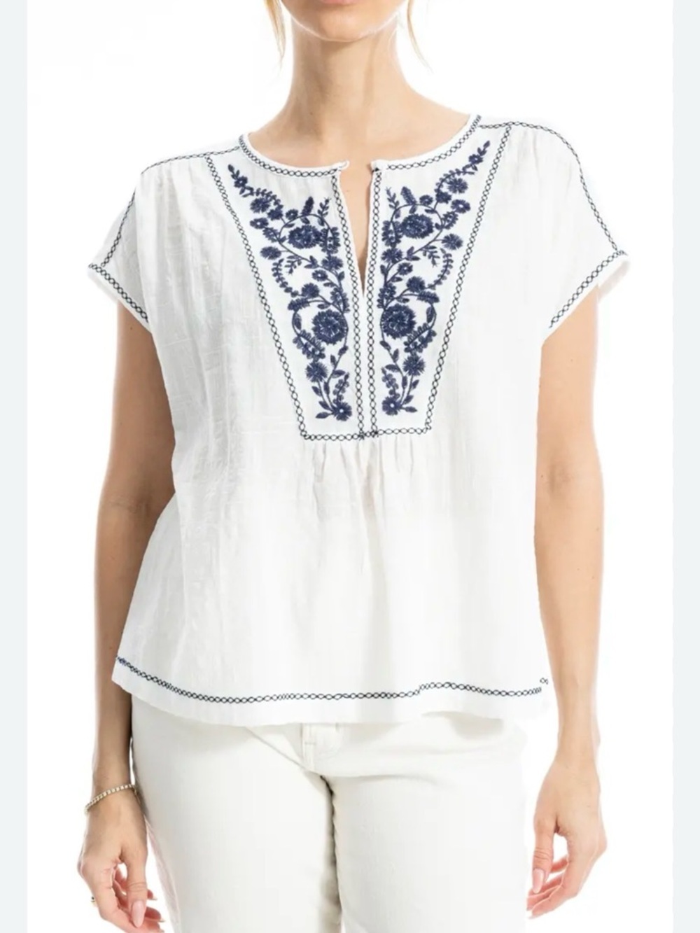 Max Studio London Embroidered Boho Blouse White Navy Floral Size 1XL